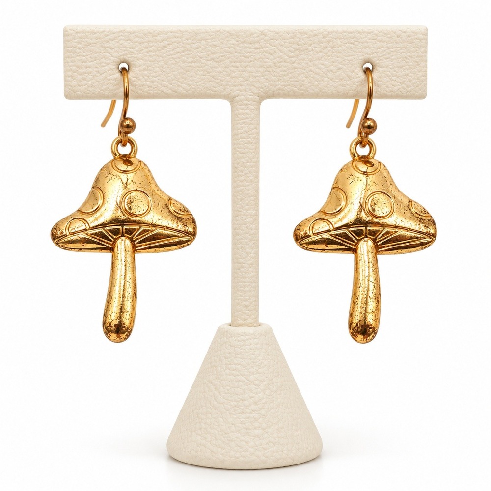 Gold Tone Mushroom Dangle Earrings Cottagecore Boho Fairycore Drop 1.5 Inch
